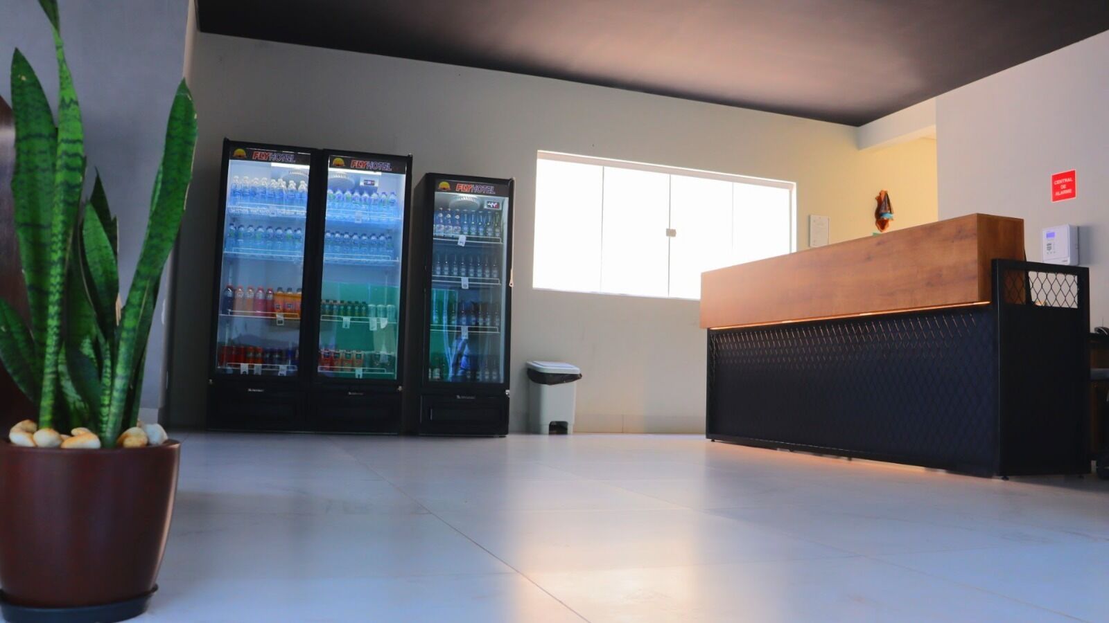 A reception area with a wooden reception desk, three beverage dispensers, a potted plant, and a large window.