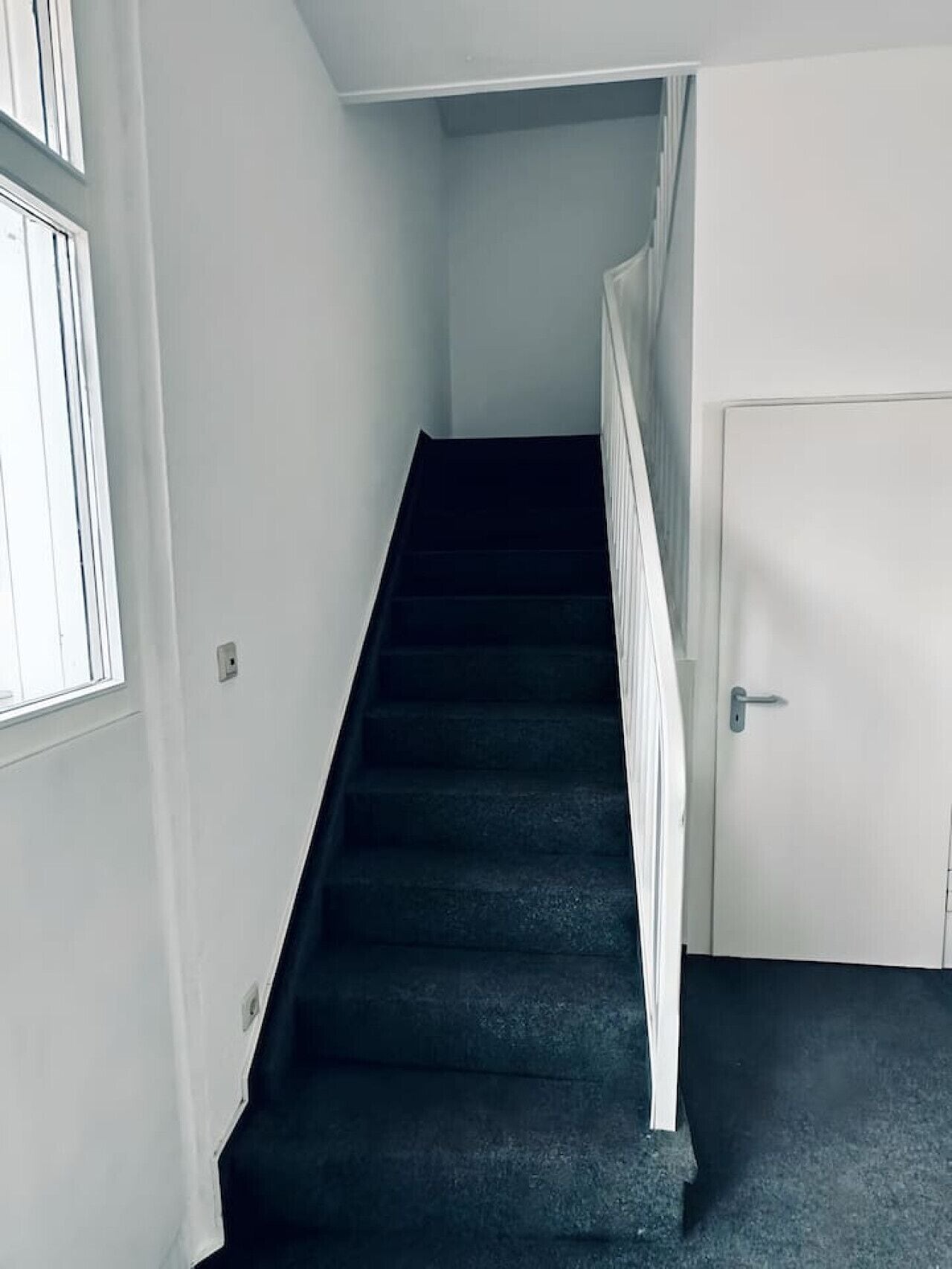 Een trap met een witte leuning en een deur onderaan.