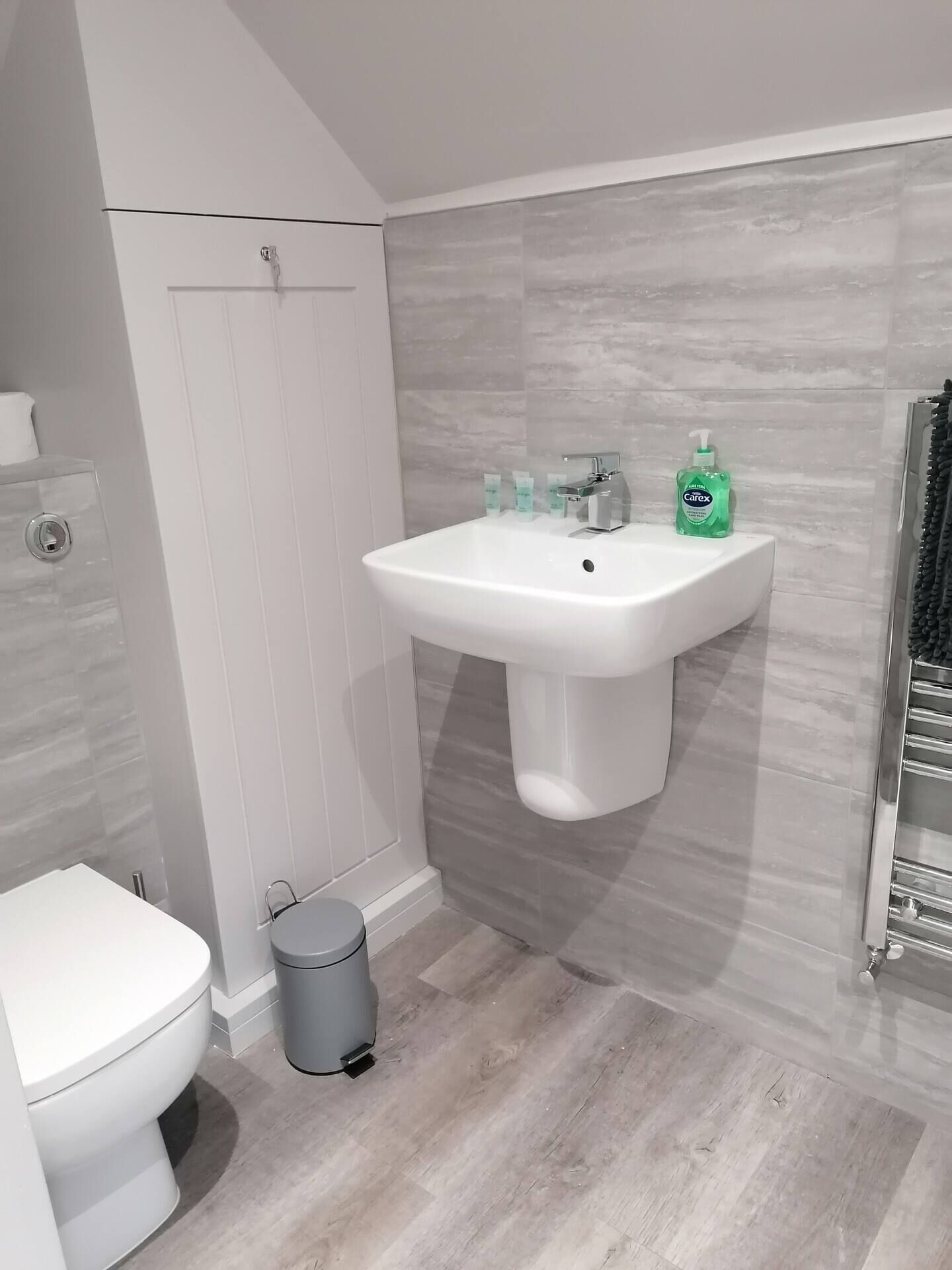 A bathroom with a white pedestal sink, a toilet, and a trash bin.