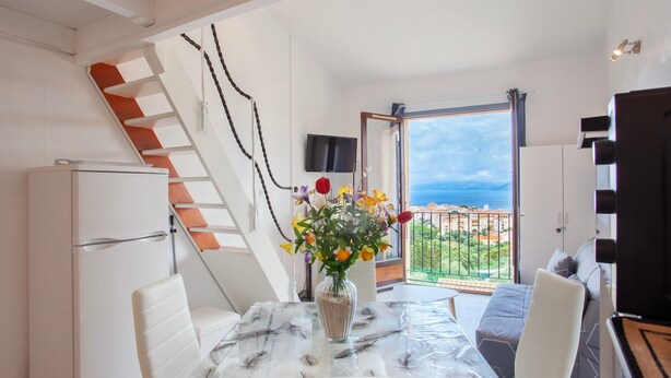 A modern kitchen with a dining area, a refrigerator, a vase with flowers, and a view of the sea.