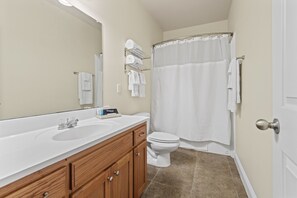 Hair dryer, towels, soap, shampoo