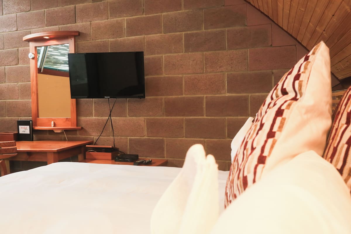 Una habitación de hotel con pared de ladrillo, un televisor de pantalla plana montado en la pared, una mesita de noche de madera y una cama con almohadas estampadas.