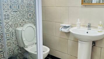 A bathroom with a toilet, a sink, and a shower area.