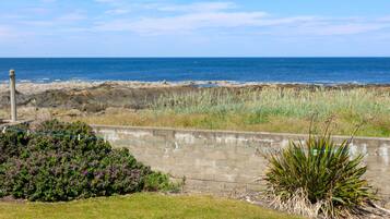 A coastal landscape with a grassy area, a concrete wall, and a view of the sea.