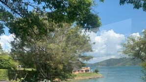 A lush garden with a view of a lake and distant hills.
