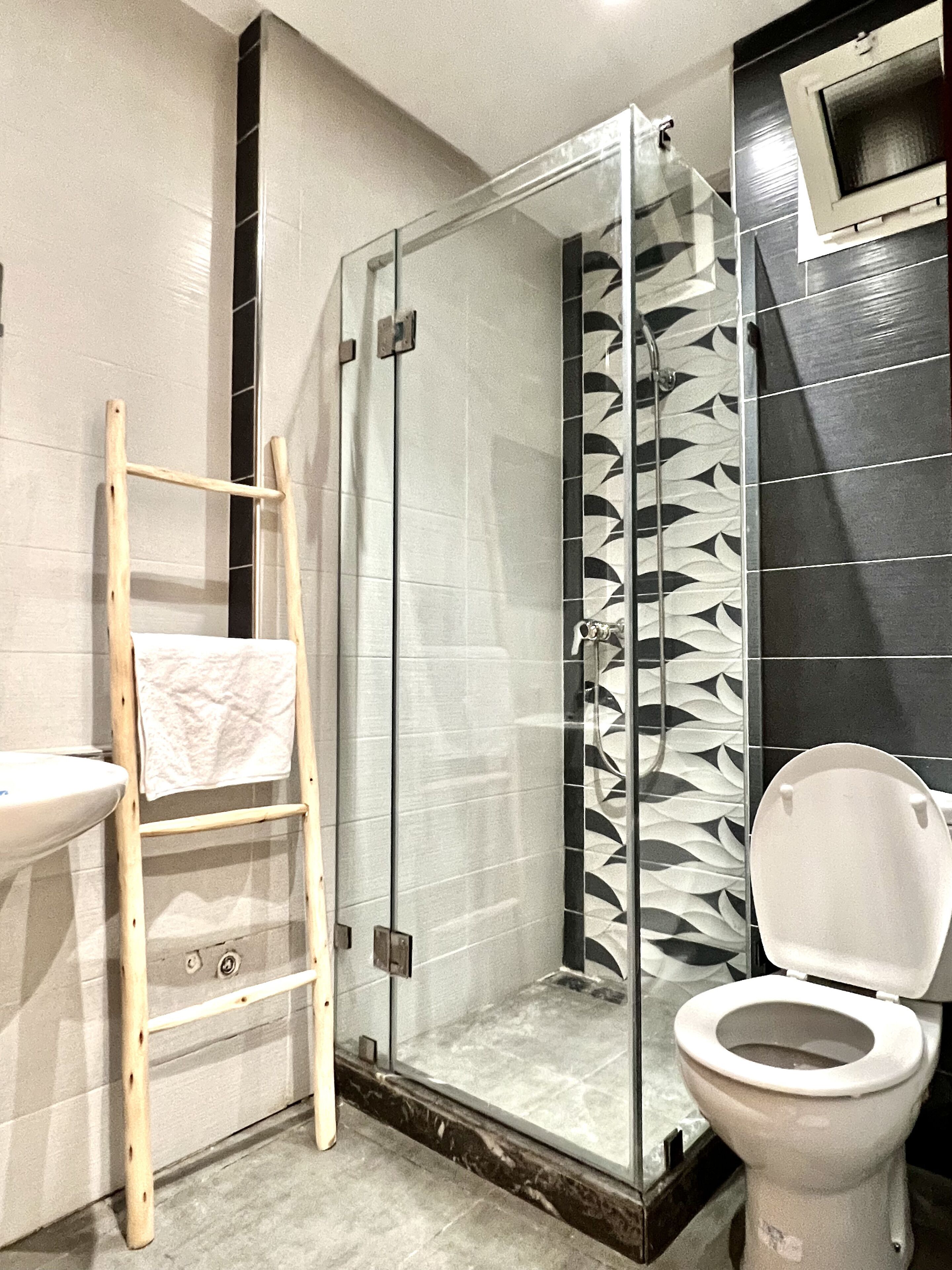 A bathroom with a glass shower enclosure, a toilet, and a sink.