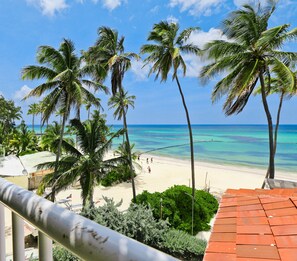 Ein Strand mit Palmen, blauem Himmel und türkisblauem Wasser.