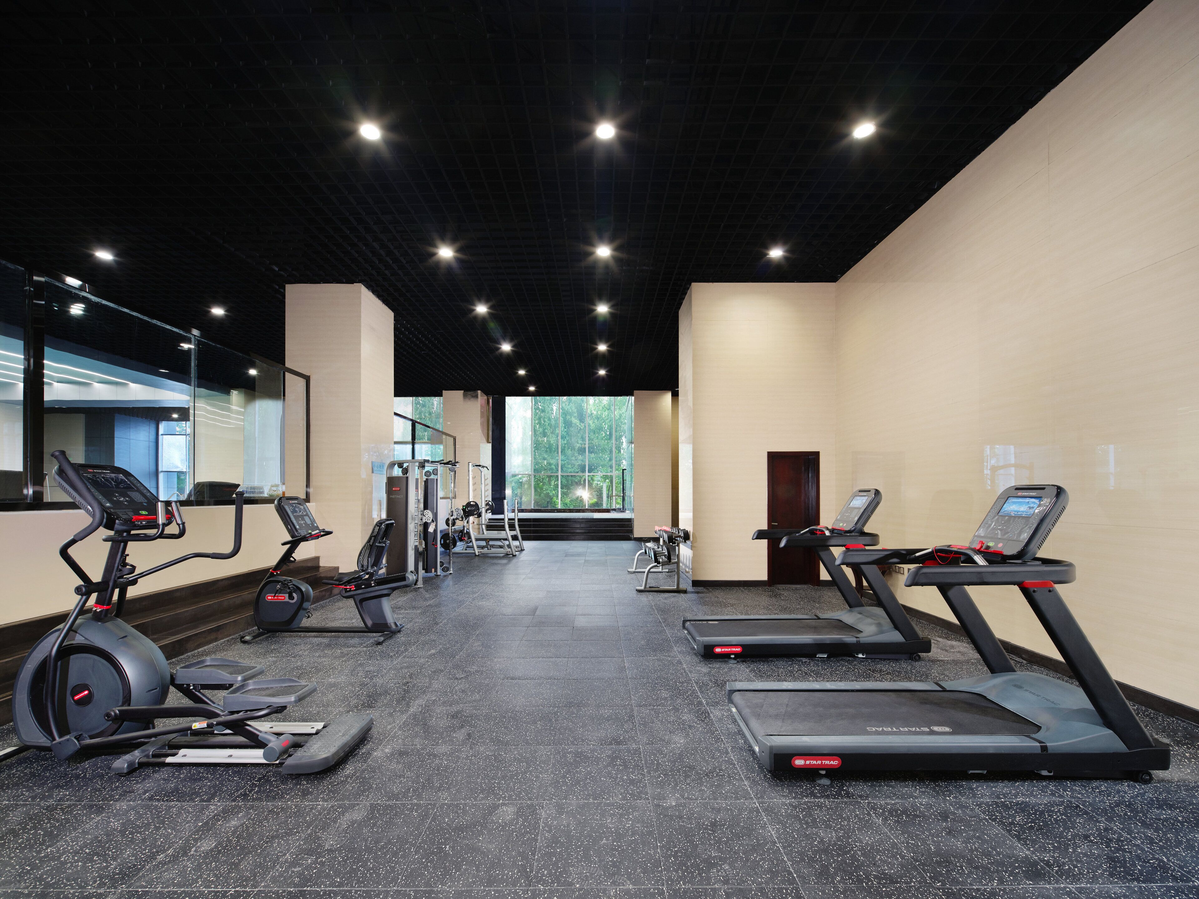 Ein Fitnessstudio mit Laufbändern, Crosstrainern und Gewichtsgeräten.