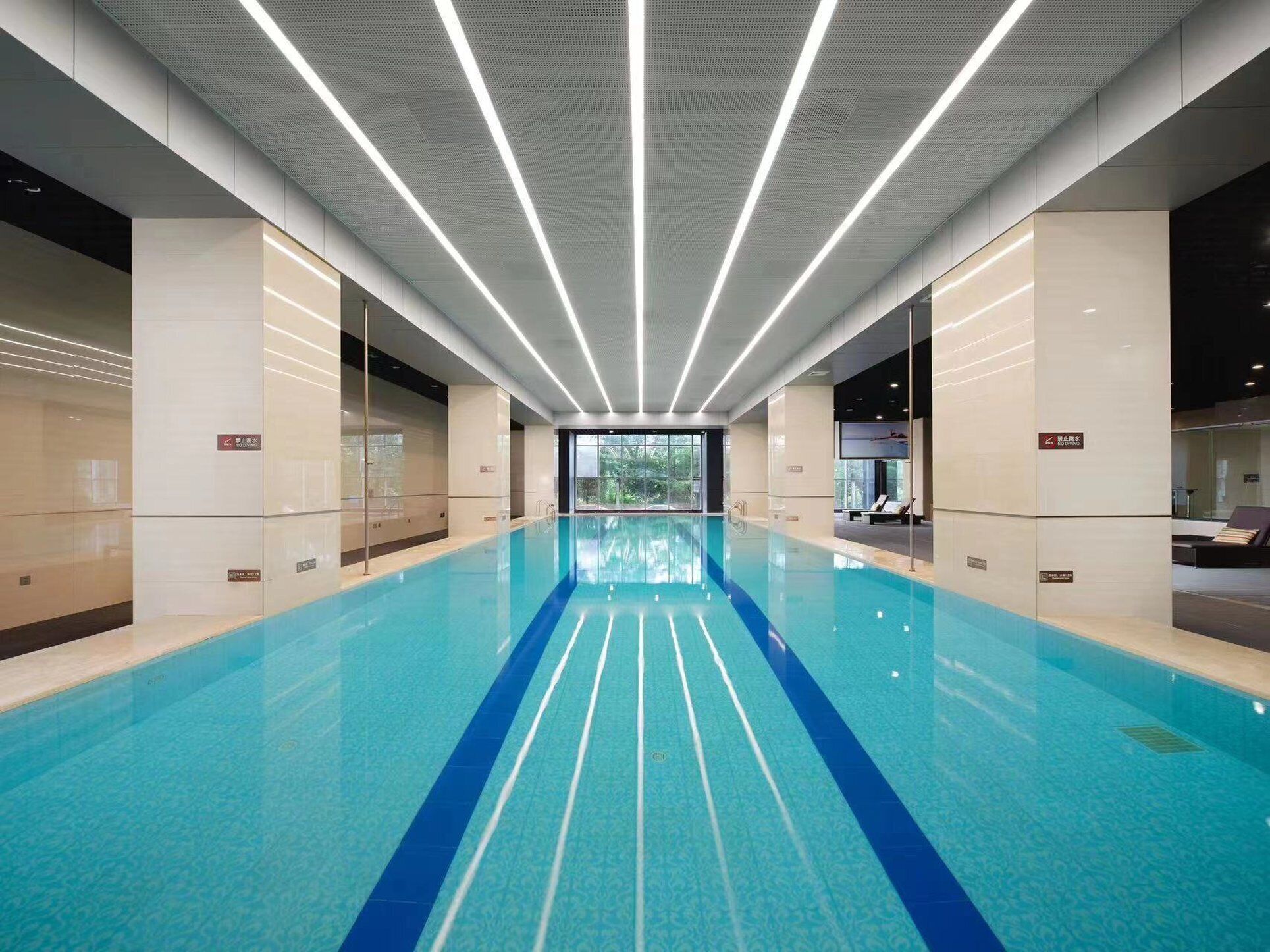 A modern indoor swimming pool with clear blue water, white walls, and a ceiling with linear lighting.