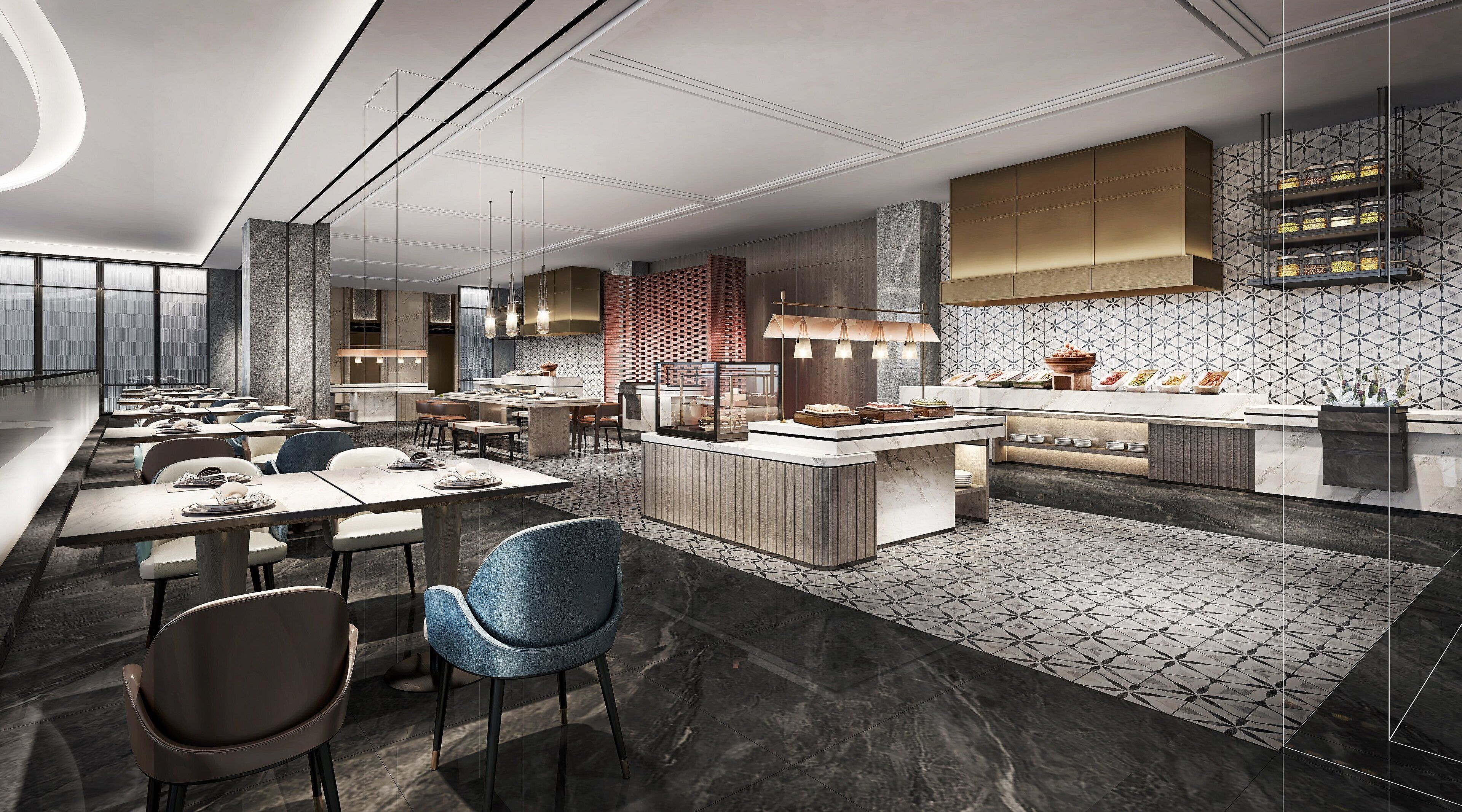 A modern restaurant with a long counter, multiple seating areas, and a decorative wall with geometric patterns.