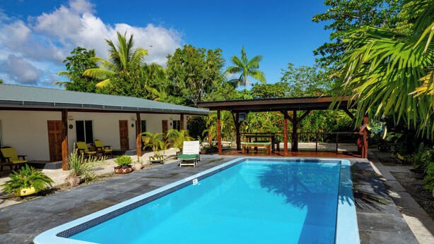 Une piscine rectangulaire dont le bord est recouvert de carreaux, entourée d’un patio aménagé avec des chaises et des plantes en pot.