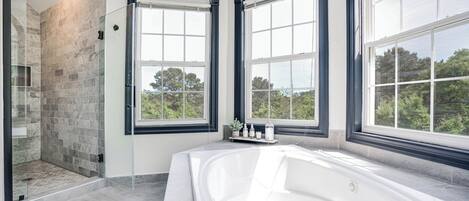 Combined shower/tub, hair dryer, towels