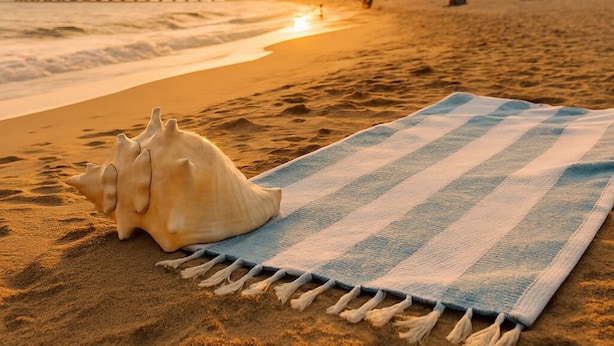 Een strandscène met een gestreepte strandlaken en een schelp in het zand, een pier met een reuzenrad op de achtergrond, en hoge woontorens.