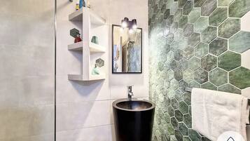 Regadera, secadora de cabello, toallas