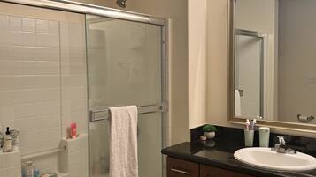 Hair dryer, towels, soap, shampoo