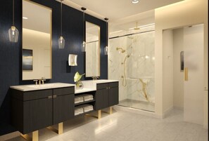 Hair dryer, towels, soap, shampoo