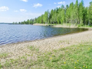 Vista d'un llac amb platja de sorra, zones enjardinades i un bosc dens al fons.