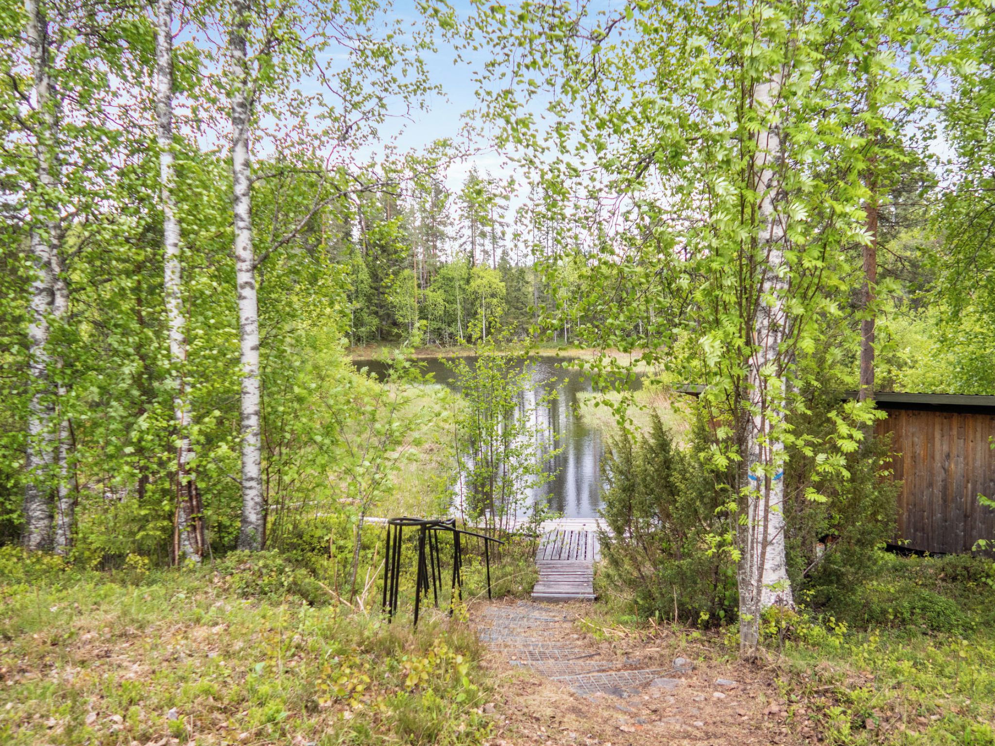 Un área boscosa con un puente de madera que lleva a una pequeña construcción de madera junto a un lago tranquilo.