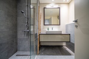 Shower, hair dryer, towels