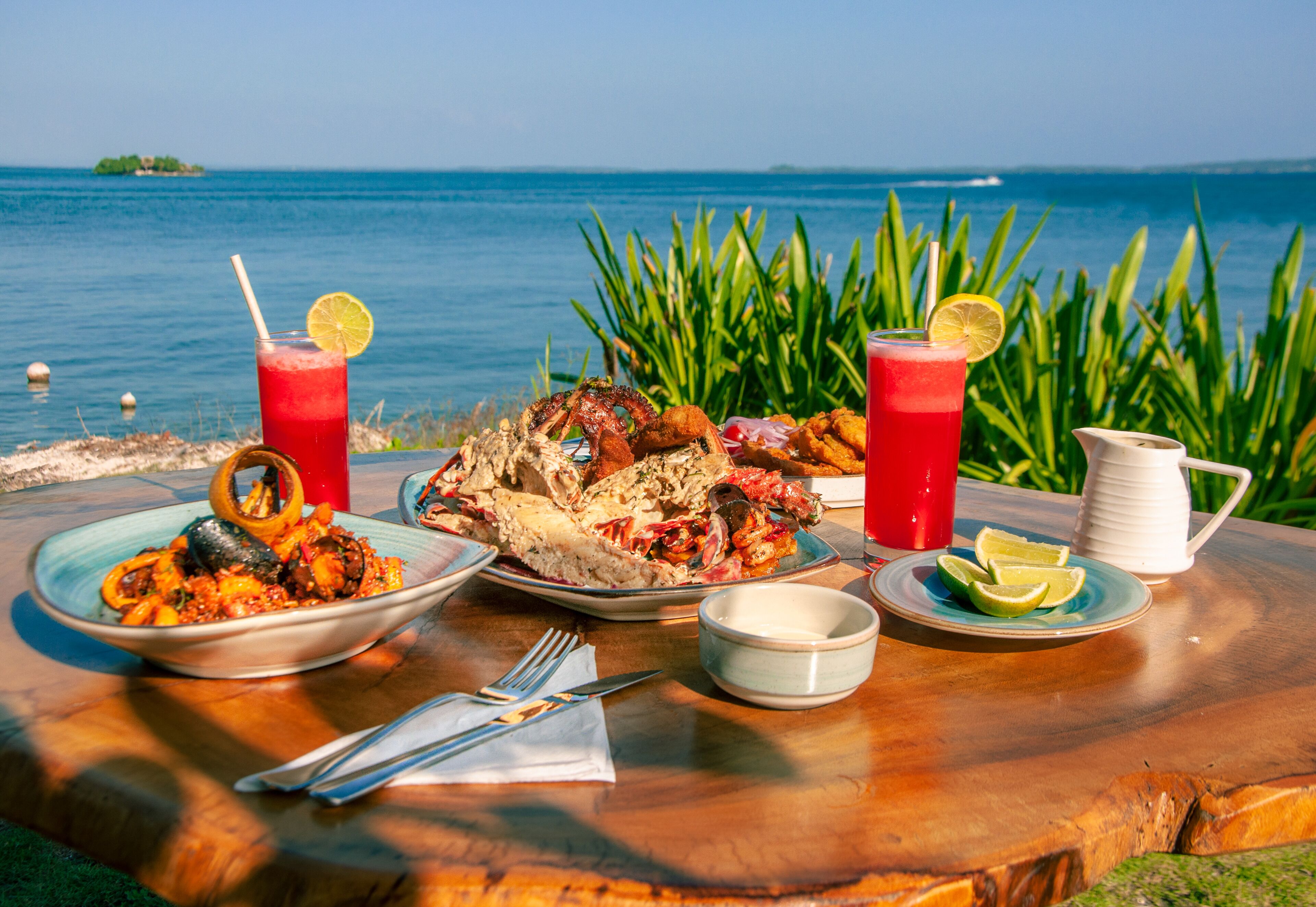 A table set with seafood dishes, drinks, and a pitcher, overlooking a body of water.
