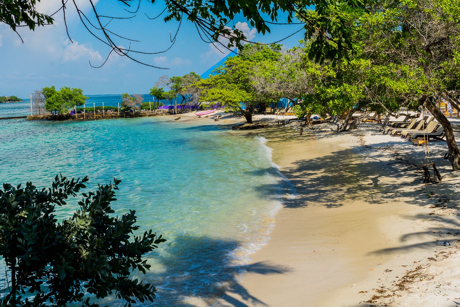 A beach with clear turquoise water, sandy shore, and trees providing shade.