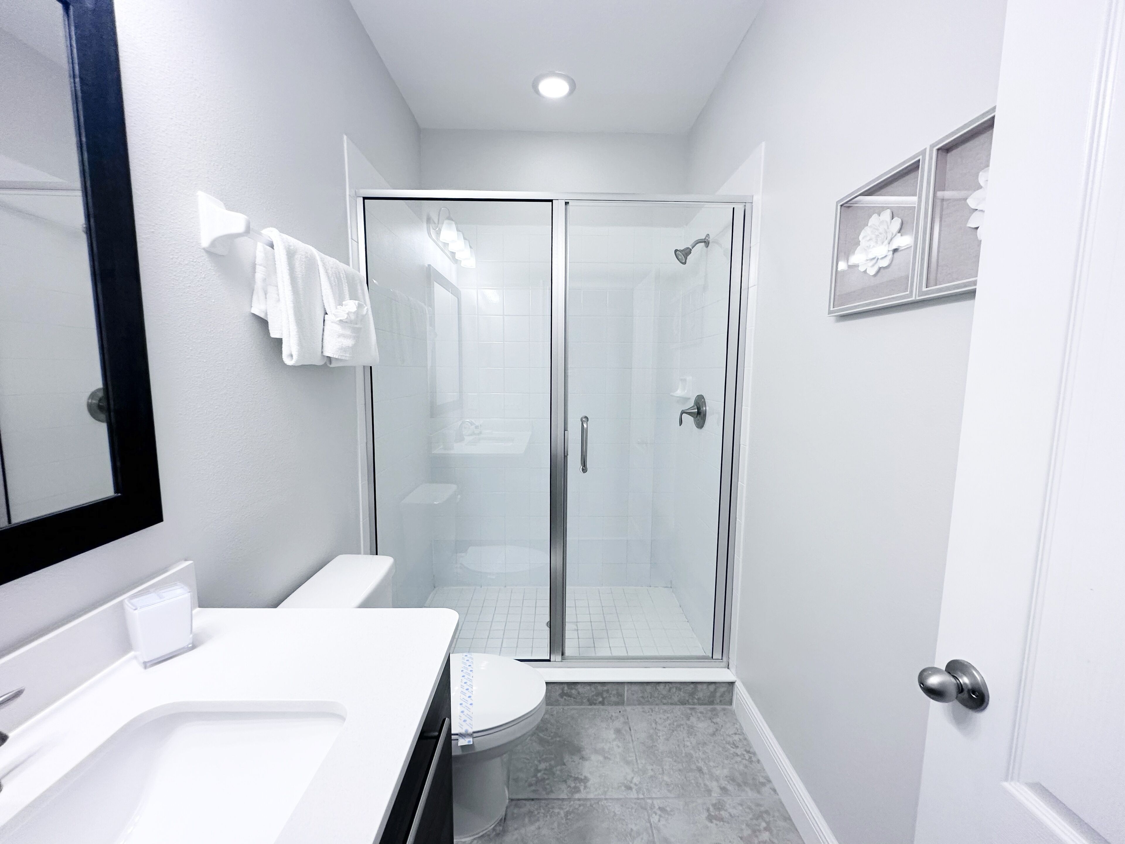A modern bathroom with a glass shower enclosure, a white sink, and a toilet.