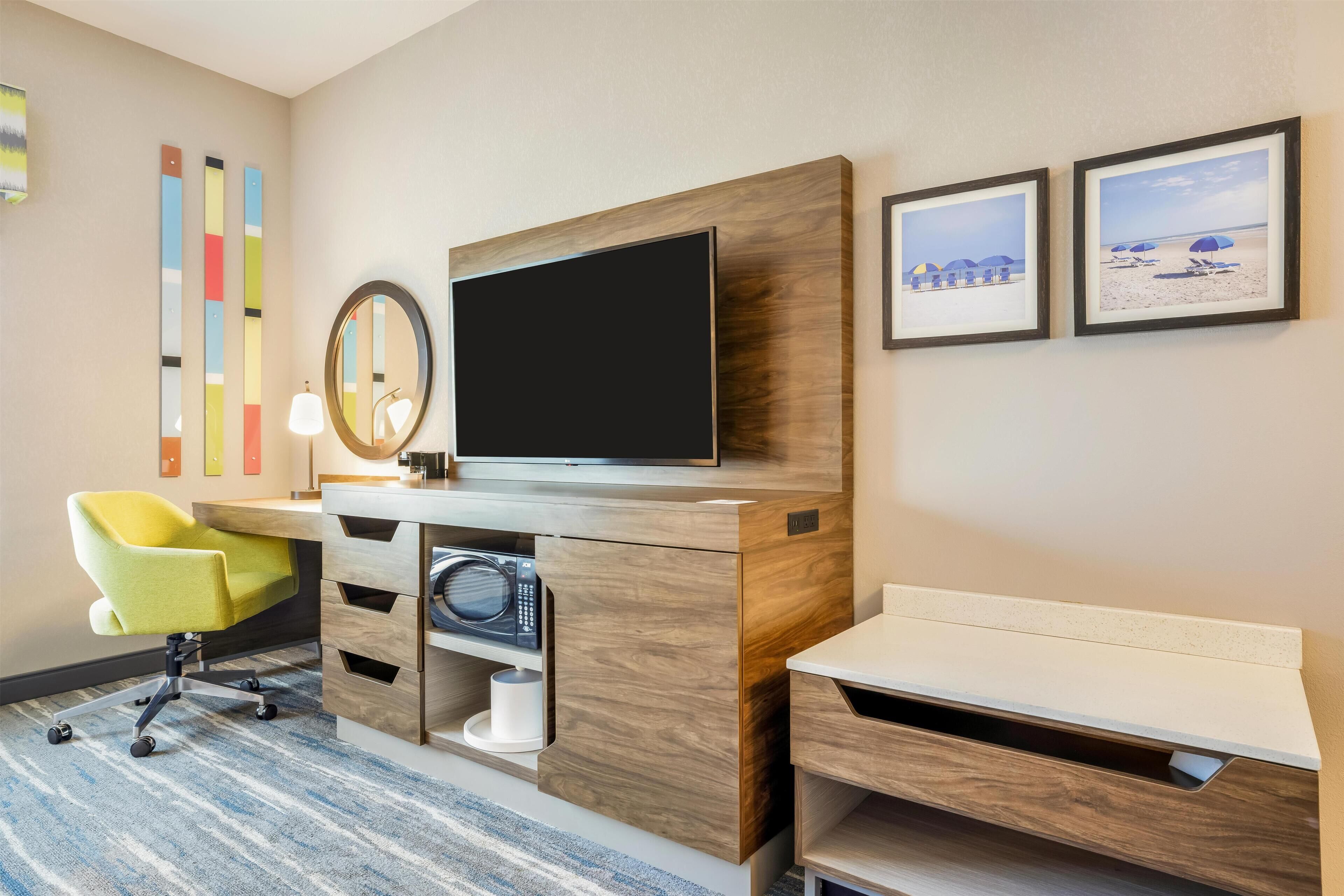 Desk, blackout curtains, soundproofing, iron/ironing board