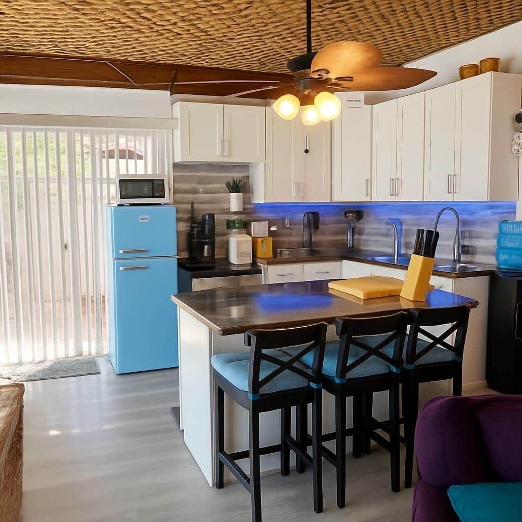 Refrigerador, microondas, cafetera y tetera y tostadora 