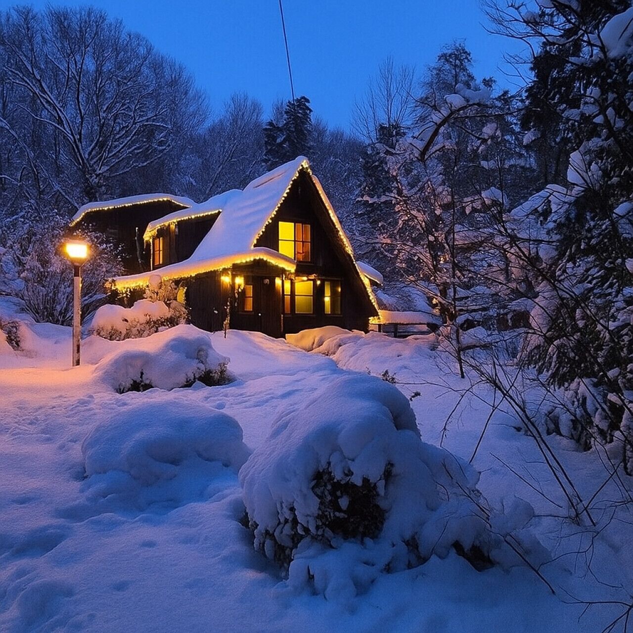 Una casa cubierta de nieve con un farol al frente.