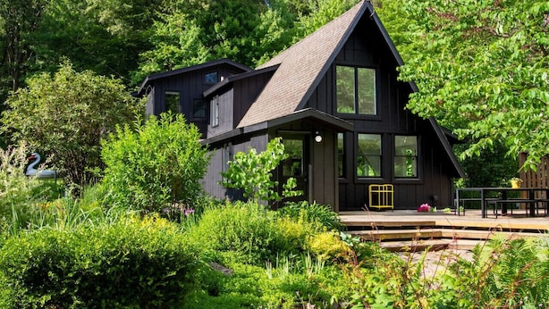 A modern, dark-colored house with a steeply pitched roof, surrounded by lush greenery.