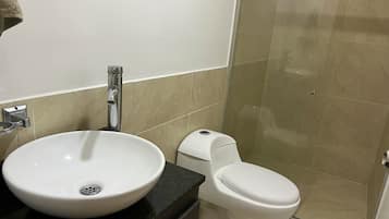 Regadera, toallas, jabón, papel de baño