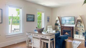 Smart TV, fireplace, books