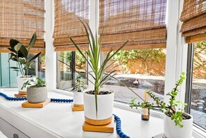 Plants thrive on the window ledge, surrounded by natural light and a view of the outdoors.