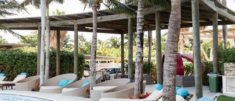 A covered pool area with lounge chairs and palm trees.