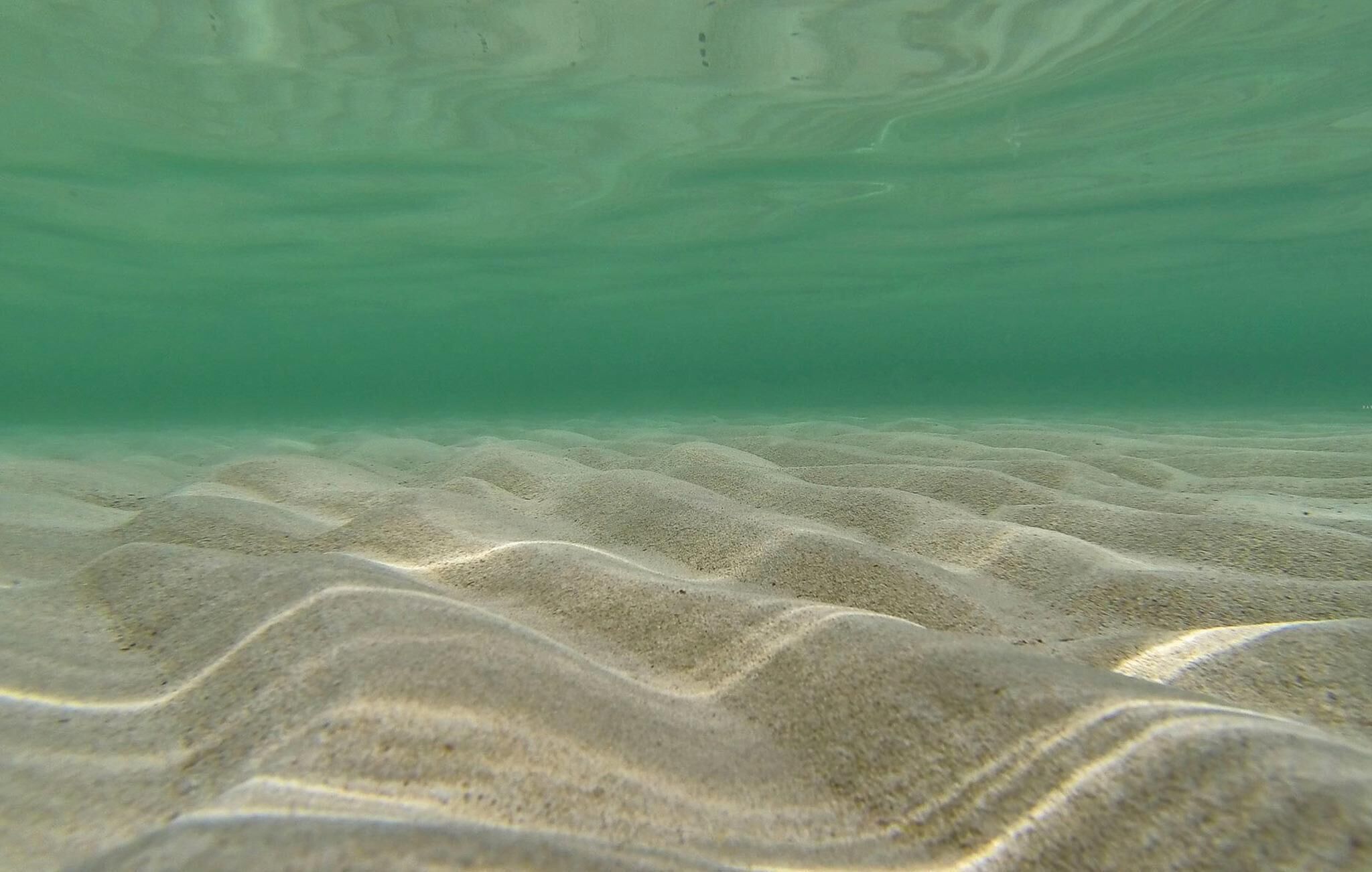 An underwater view of a sandy seabed with undulating patterns.