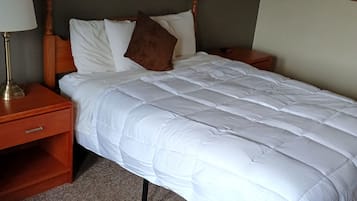 Desk, laptop workspace, blackout curtains, iron/ironing board