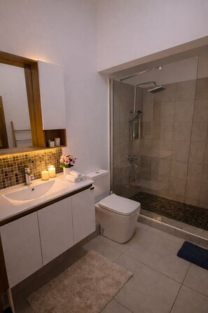 A modern bathroom with a glass shower enclosure, a white sink, and a toilet. - Ocean Blue Villa with private pool at Flic-en-Flac (Flic en Flac)