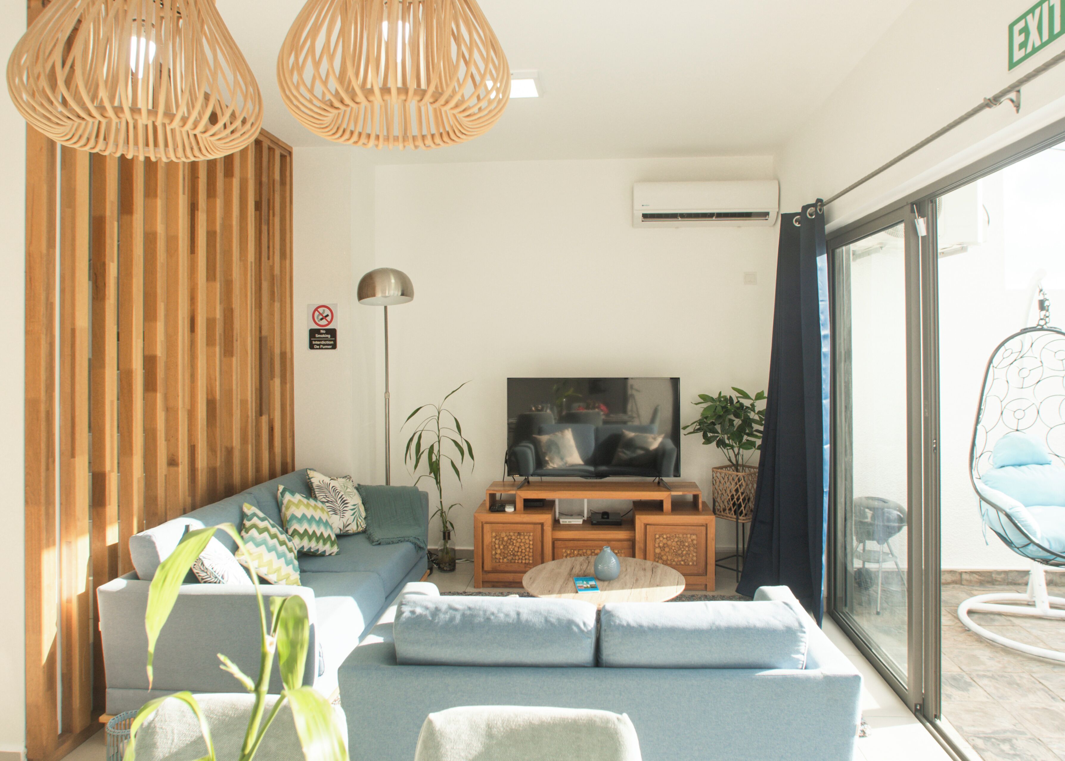 A modern living room with a sofa, TV, and a hanging chair.