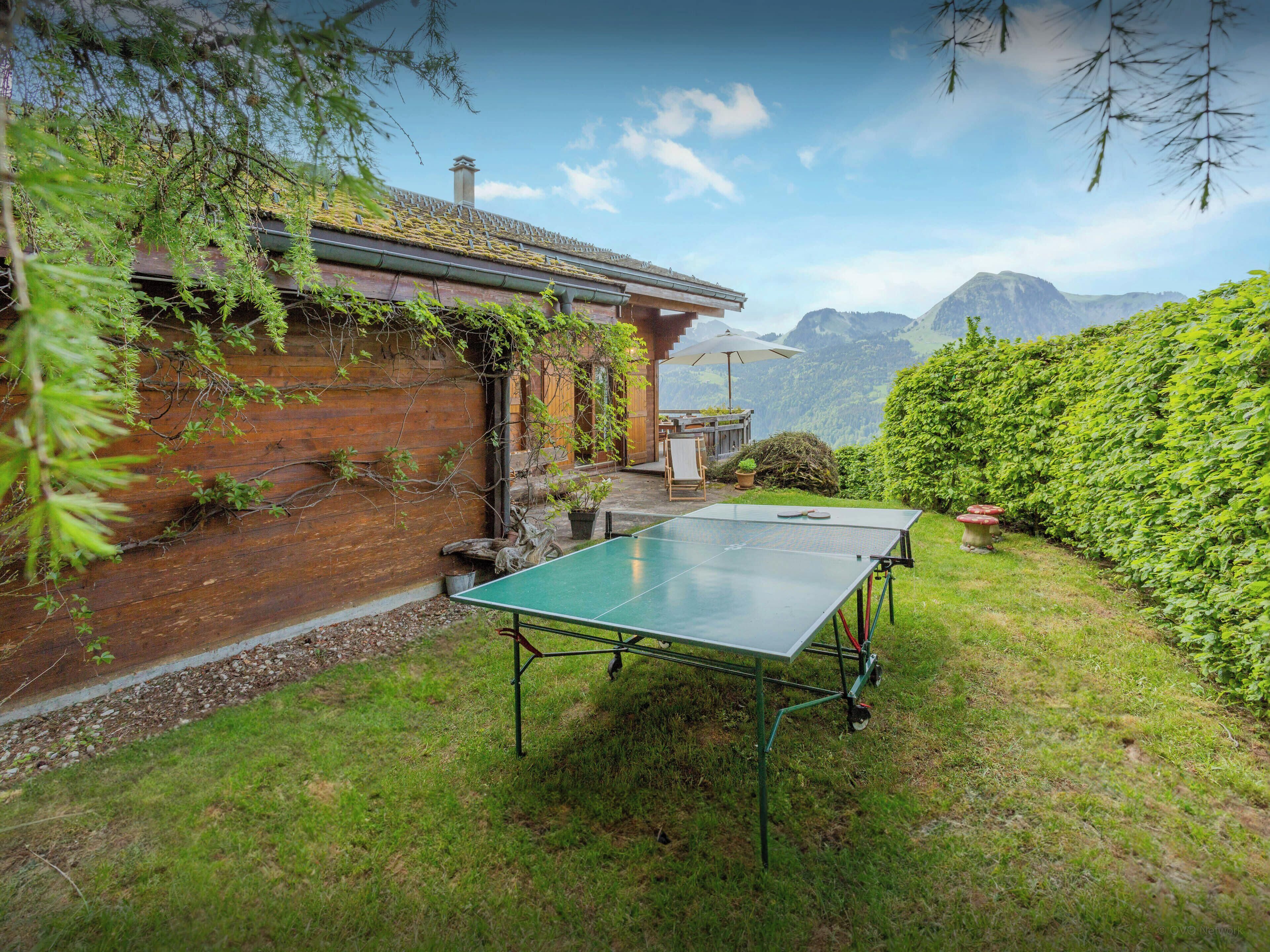 Ein Pingpongtisch in einer grünen Wiese mit einem Holzgebäude und Blick auf die Berge.