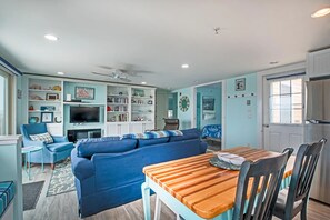 TV, fireplace, DVD player, books