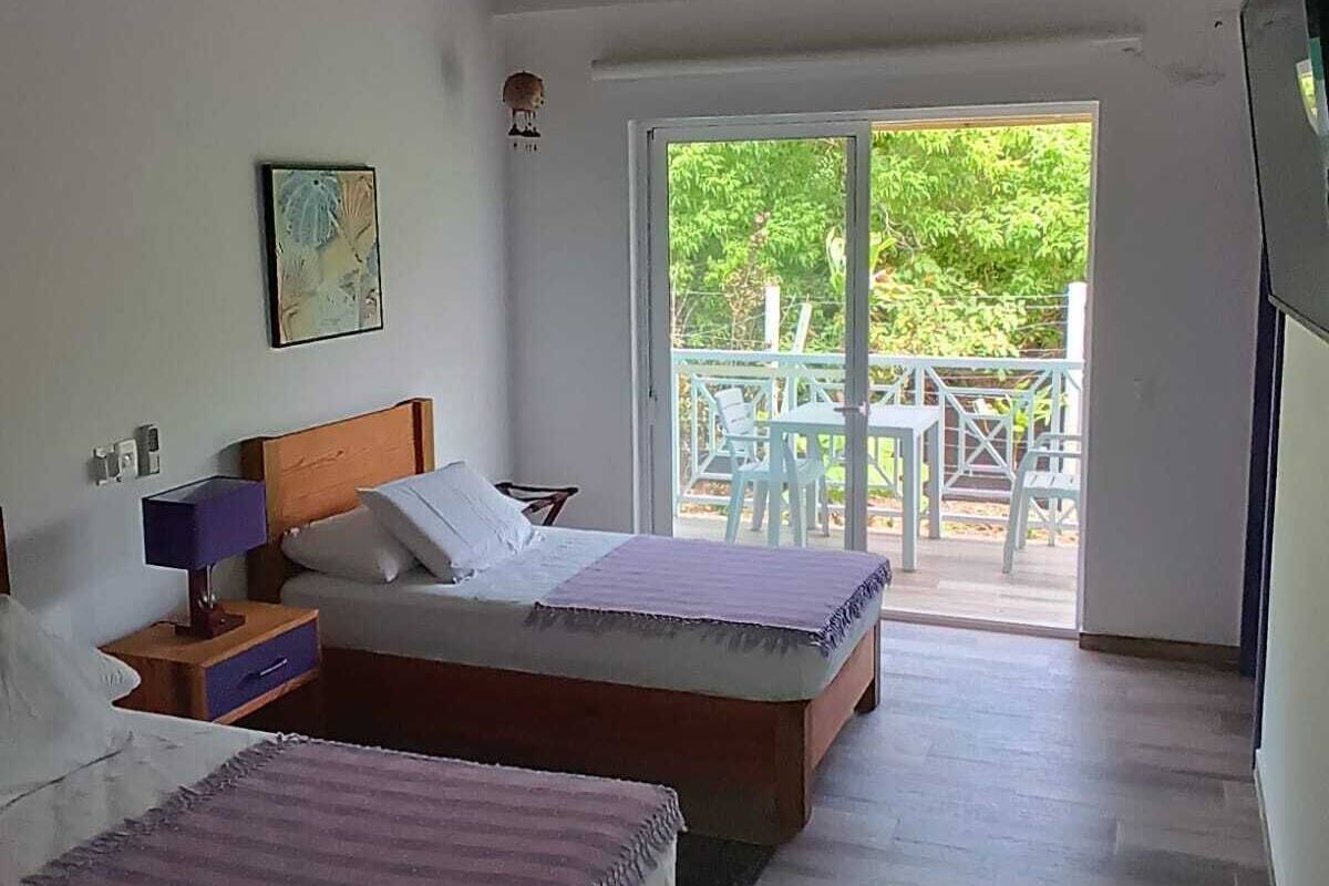 Ein Schlafzimmer mit zwei Betten, einem Nachttisch, einer Lampe, einem Gemälde und einer Glastür, die zu einem Außenbereich mit Tisch und Stühlen führt.