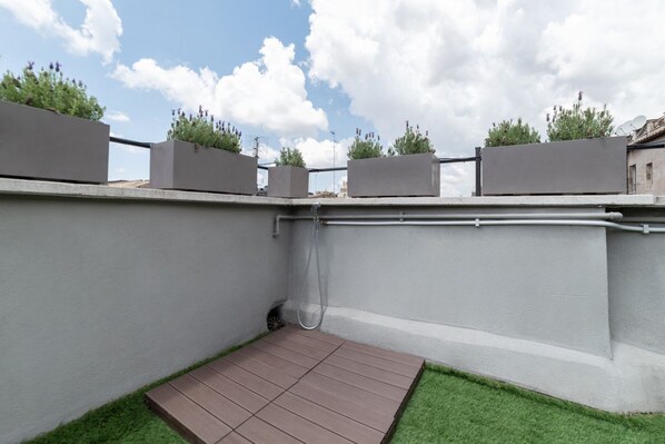A rooftop terrace with a small wooden deck, grey walls, and potted plants.
