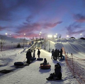 A snowy slope with people and sleds, a wooden staircase, and street lamps. - Brand New Modern Luxury Villa (London)