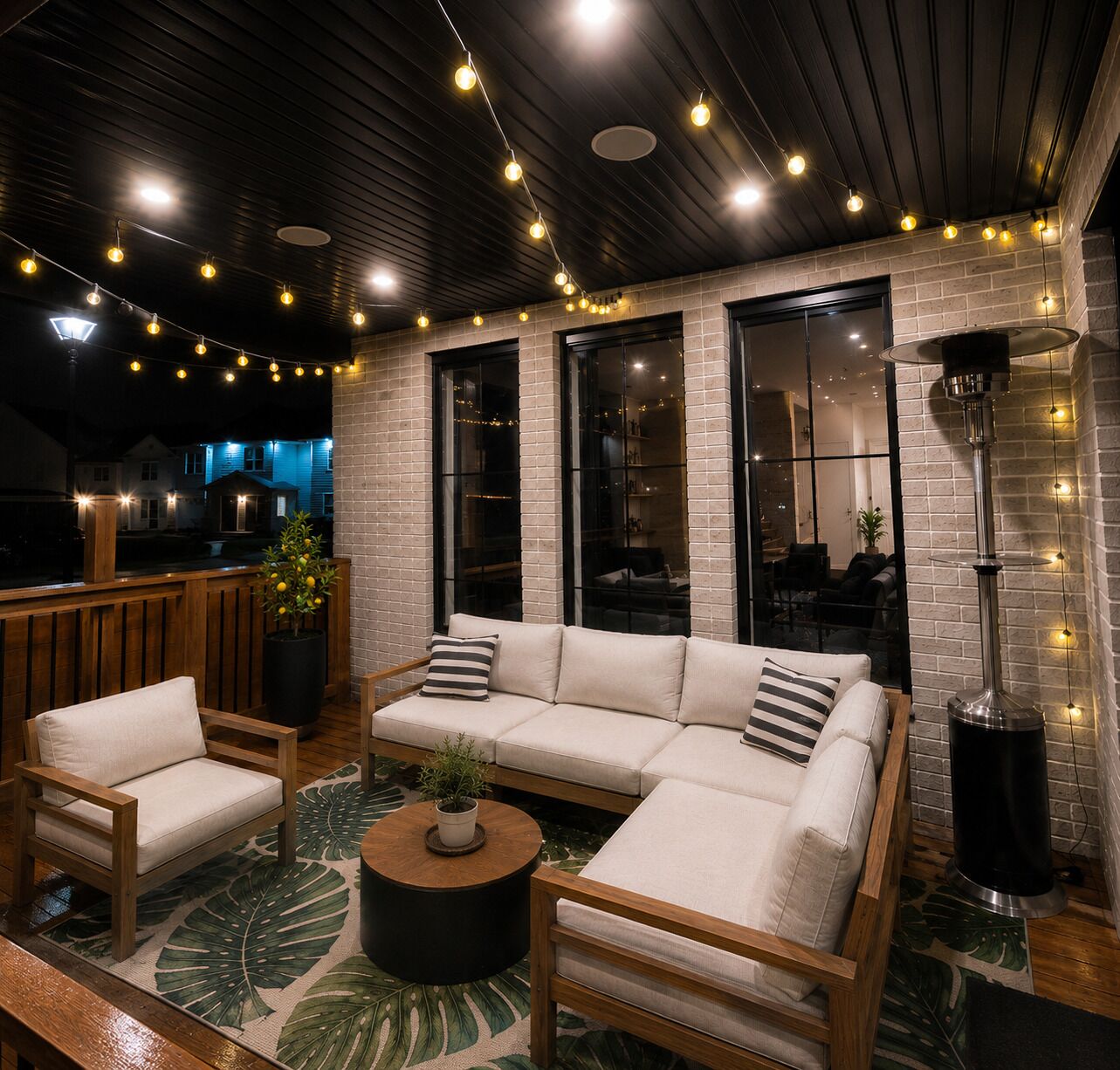 An outdoor seating area with a sofa, chairs, and a coffee table.