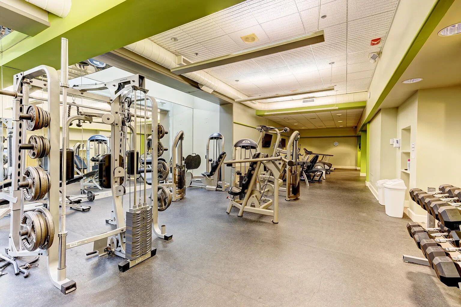 Ett gym med olika träningsmaskiner, stänger för vikter och hantlar.