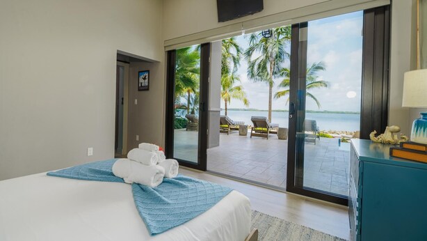 Een hotelkamer met een bed, een bureau, een televisie en uitzicht op het strand en palmbomen.