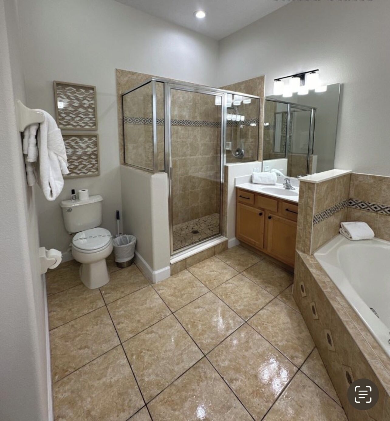 Shower, jetted bath, hair dryer, towels