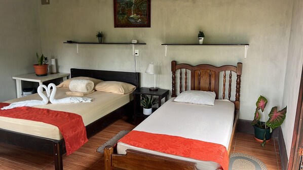 Une chambre d’hôtel avec deux lits, une table de chevet, un bureau et une étagère murale agrémentée de plantes.