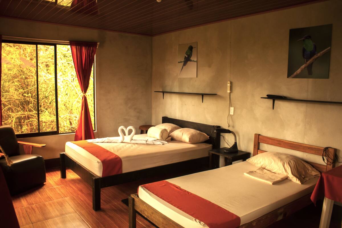 A room with two beds, a chair, a window with curtains, and wall-mounted shelves with pictures.