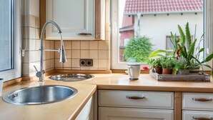 Una cocina con un lavamanos de acero inoxidable, un grifo, una ventana con vista a un tejado de tejas rojas y una bandeja con plantas en macetas sobre la encimera.